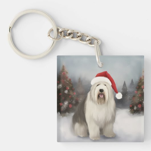 Oud Engels Sheepdog in Sneeuw Kerstmis Sleutelhanger (Voorkant)