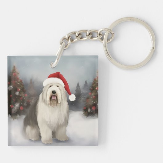 Oud Engels Sheepdog in Sneeuw Kerstmis Sleutelhanger (Achterkant)