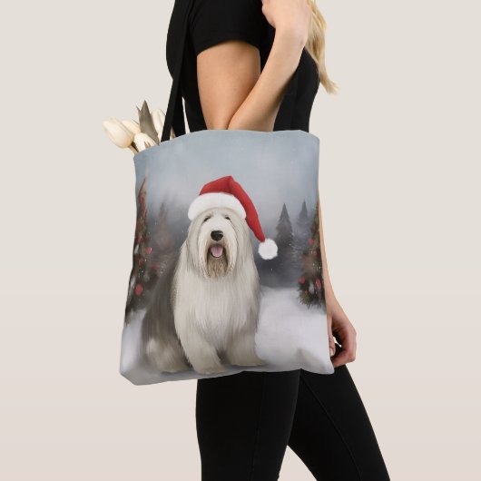Oud Engels Sheepdog in Sneeuw Kerstmis Tote Bag (Dichtbij)