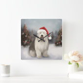 Oud Engels Sheepdog in Sneeuw Kerstmis Vierkante Klok (Huis)
