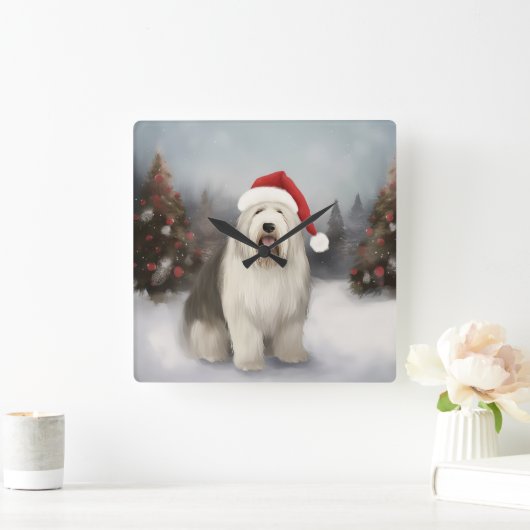 Oud Engels Sheepdog in Sneeuw Kerstmis Vierkante Klok (Huis)