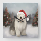 Oud Engels Sheepdog in Sneeuw Kerstmis Vierkante Klok (Voorkant)