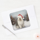 Oud Engels Sheepdog in Sneeuw Kerstmis Vierkante Sticker (Envelop)