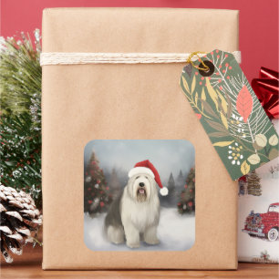 Oud Engels Sheepdog in Sneeuw Kerstmis Vierkante Sticker