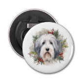 Oud Engels Sheepdog Kerstkrans feestelijke pup Button Flesopener (Voorkant)