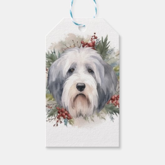 Oud Engels Sheepdog Kerstkrans feestelijke pup Cadeaulabel (Voorkant)