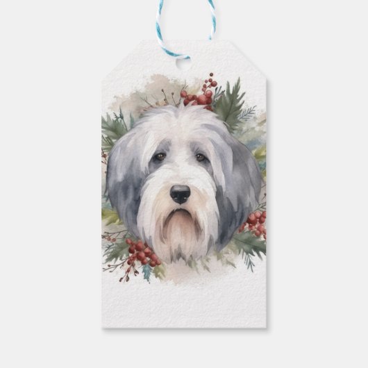 Oud Engels Sheepdog Kerstkrans feestelijke pup Cadeaulabel (Achterkant)