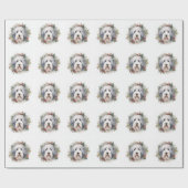 Oud Engels Sheepdog Kerstkrans feestelijke pup Cadeaupapier (Vlak)