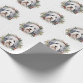 Oud Engels Sheepdog Kerstkrans feestelijke pup Cadeaupapier (Hoek)