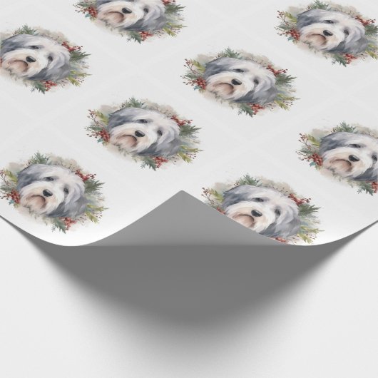Oud Engels Sheepdog Kerstkrans feestelijke pup Cadeaupapier (Hoek)