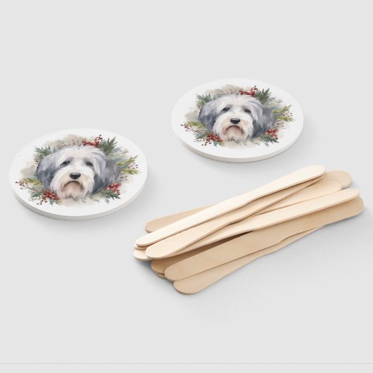 Oud Engels Sheepdog Kerstkrans feestelijke pup Handwaaier (Niet-gemonteerd)