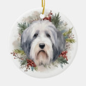 Oud Engels Sheepdog Kerstkrans feestelijke pup Keramisch Ornament (Voorkant)