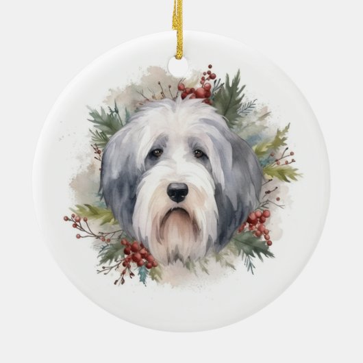 Oud Engels Sheepdog Kerstkrans feestelijke pup Keramisch Ornament (Achterkant)