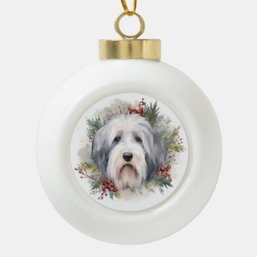 Oud Engels Sheepdog Kerstkrans feestelijke pup Keramische Bal Ornament (Voorkant)