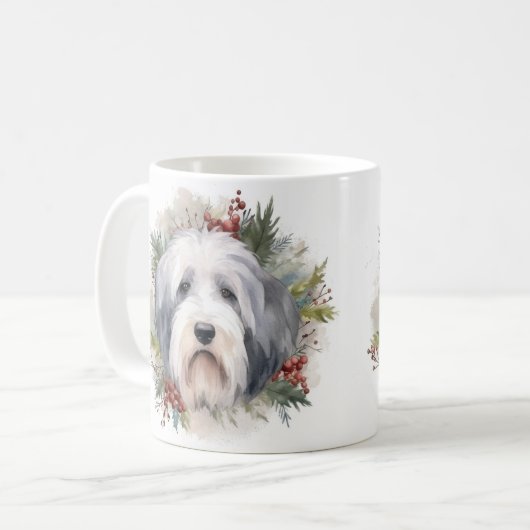 Oud Engels Sheepdog Kerstkrans feestelijke pup Koffiemok (Voorkant links)