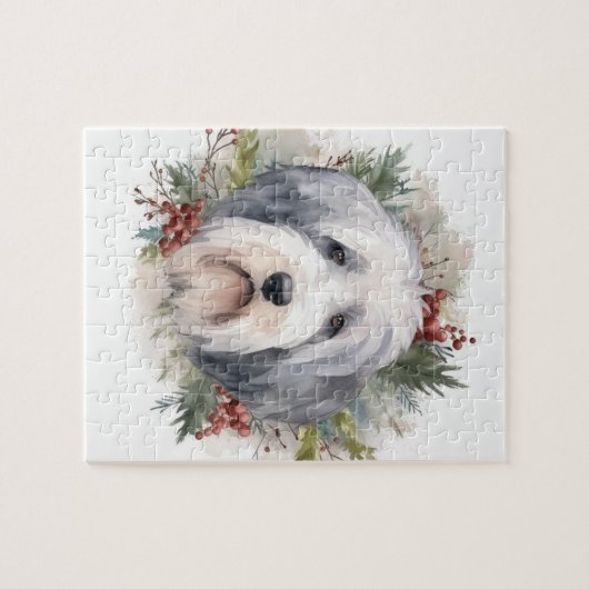 Oud Engels Sheepdog Kerstkrans feestelijke pup Legpuzzel (Horizontaal)