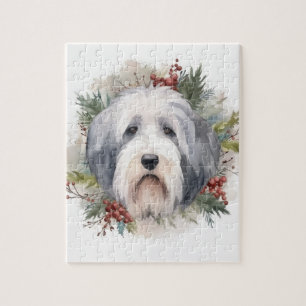 Oud Engels Sheepdog Kerstkrans feestelijke pup Legpuzzel