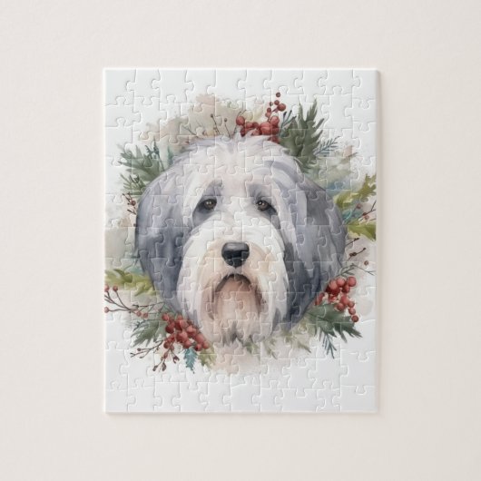 Oud Engels Sheepdog Kerstkrans feestelijke pup Legpuzzel (Verticaal)