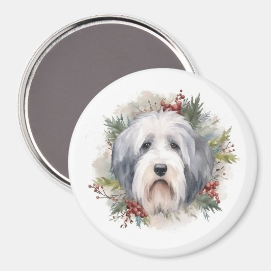 Oud Engels Sheepdog Kerstkrans feestelijke pup Magneet (Voorkant / Achterkant)