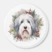 Oud Engels Sheepdog Kerstkrans feestelijke pup Magneet (Voorkant)