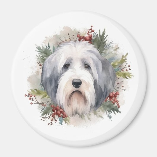 Oud Engels Sheepdog Kerstkrans feestelijke pup Magneet (Voorkant)
