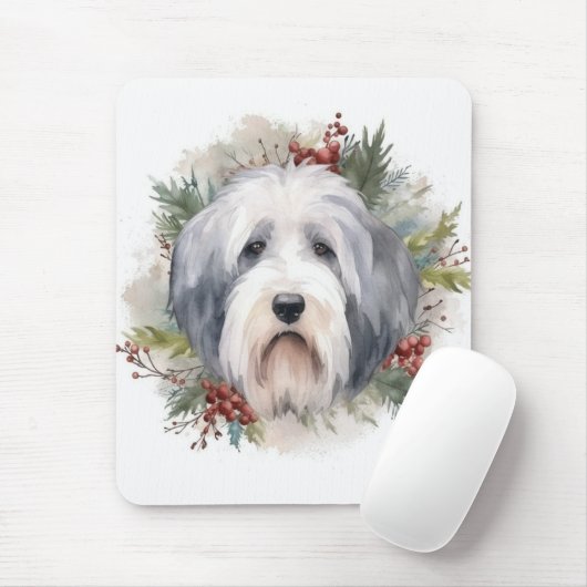 Oud Engels Sheepdog Kerstkrans feestelijke pup Muismat (Met muis)