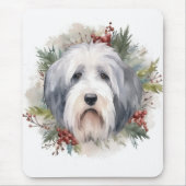 Oud Engels Sheepdog Kerstkrans feestelijke pup Muismat (Voorkant)