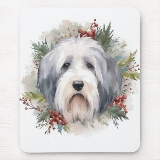 Oud Engels Sheepdog Kerstkrans feestelijke pup Muismat (Voorkant)