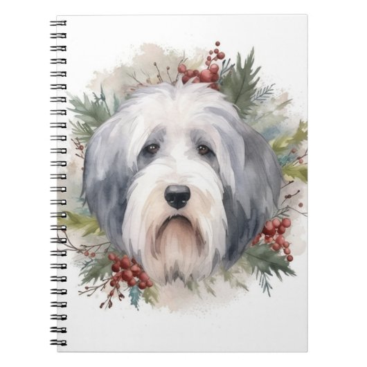 Oud Engels Sheepdog Kerstkrans feestelijke pup Notitieboek (Voorkant)