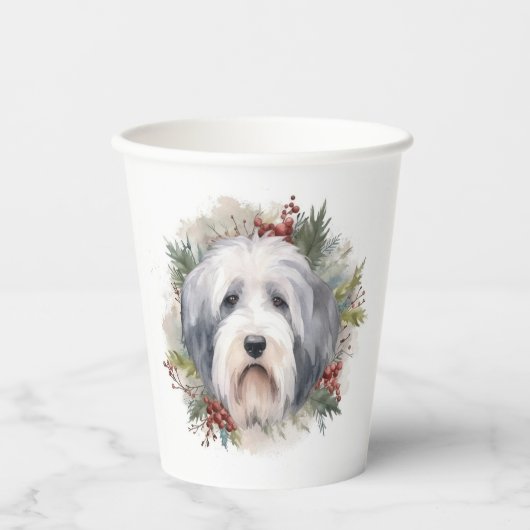 Oud Engels Sheepdog Kerstkrans feestelijke pup Papieren Bekers (Voorkant)