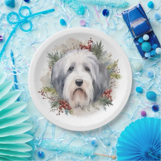 Oud Engels Sheepdog Kerstkrans feestelijke pup Papieren Bordje (Feest)