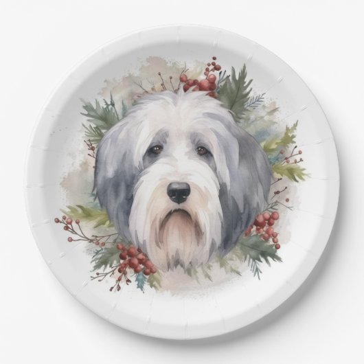 Oud Engels Sheepdog Kerstkrans feestelijke pup Papieren Bordje (Voorkant)