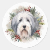 Oud Engels Sheepdog Kerstkrans feestelijke pup Ronde Sticker (Voorkant)