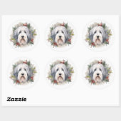 Oud Engels Sheepdog Kerstkrans feestelijke pup Ronde Sticker (Vel)