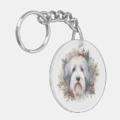 Oud Engels Sheepdog Kerstkrans feestelijke pup Sleutelhanger (Voorkant Links)