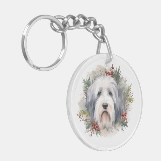 Oud Engels Sheepdog Kerstkrans feestelijke pup Sleutelhanger (Voorkant Links)