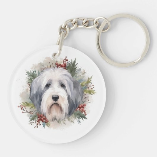 Oud Engels Sheepdog Kerstkrans feestelijke pup Sleutelhanger (Achterkant)
