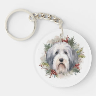 Oud Engels Sheepdog Kerstkrans feestelijke pup Sleutelhanger