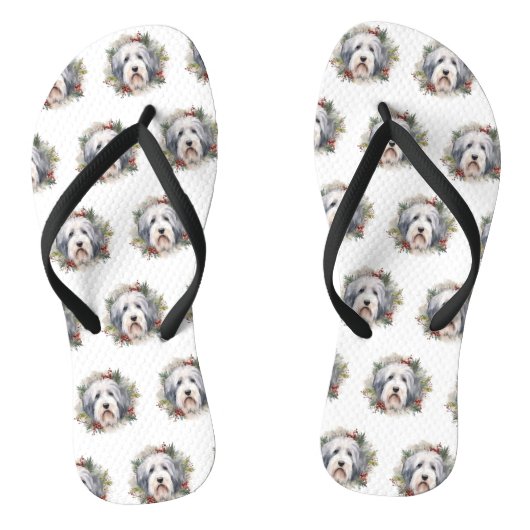 Oud Engels Sheepdog Kerstkrans feestelijke pup Teenslippers (Voetbed)