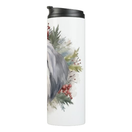 Oud Engels Sheepdog Kerstkrans feestelijke pup Thermosbeker (Geroteerd rechts)