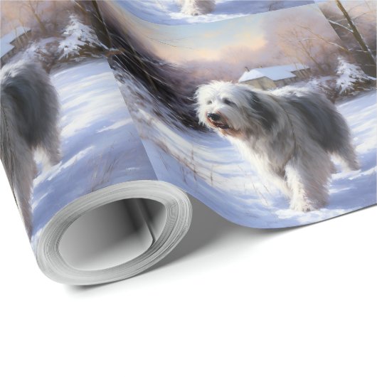 Oud Engels Sheepdog Laat het sneeuwen Kerstmis Cadeaupapier (Rol Hoek)