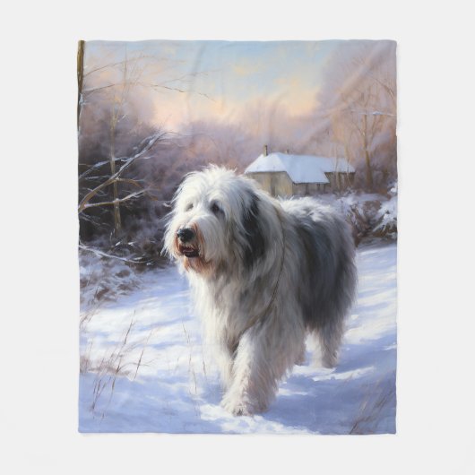 Oud Engels Sheepdog Laat het sneeuwen Kerstmis Fleece Deken (Voorkant)