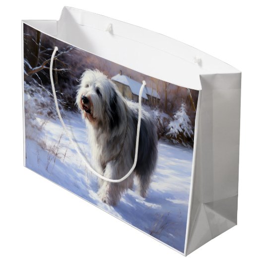 Oud Engels Sheepdog Laat het sneeuwen Kerstmis Groot Cadeauzakje (Achterkant Gekanteld)