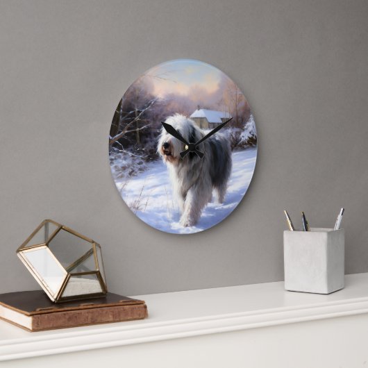 Oud Engels Sheepdog Laat het sneeuwen Kerstmis Grote Klok (Kantoor)