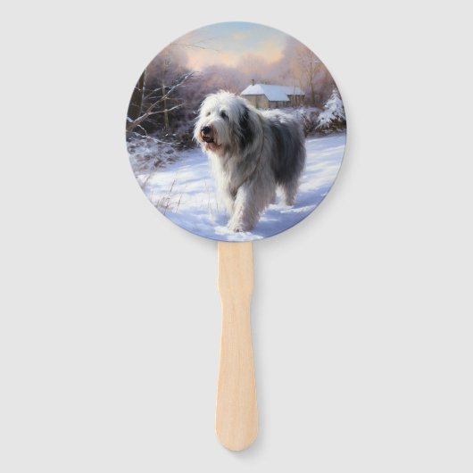 Oud Engels Sheepdog Laat het sneeuwen Kerstmis Handwaaier (Achterkant)