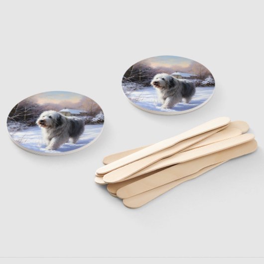 Oud Engels Sheepdog Laat het sneeuwen Kerstmis Handwaaier (Niet-gemonteerd)