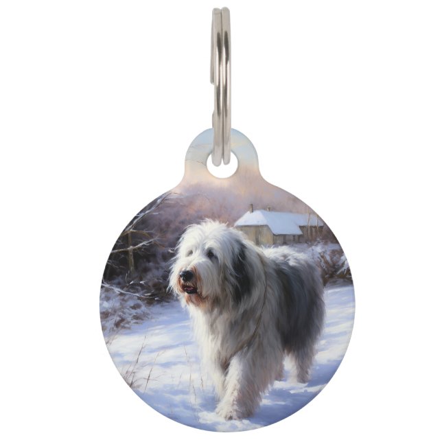 Oud Engels Sheepdog Laat het sneeuwen Kerstmis Huisdierpenning (Voorkant)