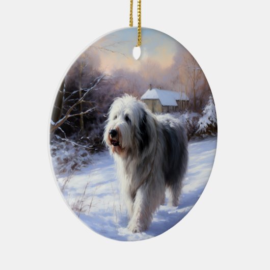Oud Engels Sheepdog Laat het sneeuwen Kerstmis Keramisch Ornament (Rechts)