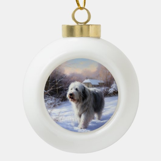 Oud Engels Sheepdog Laat het sneeuwen Kerstmis Keramische Bal Ornament (Voorkant)