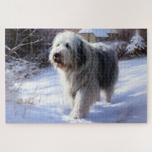 Oud Engels Sheepdog Laat het sneeuwen Kerstmis Legpuzzel (Horizontaal)